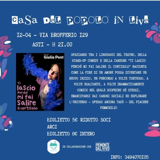 Spettacolo "TI LASCIO PERCHÉ MI FAI SALIRE IL CORTISOLO"di GIULIA PONT + Cena